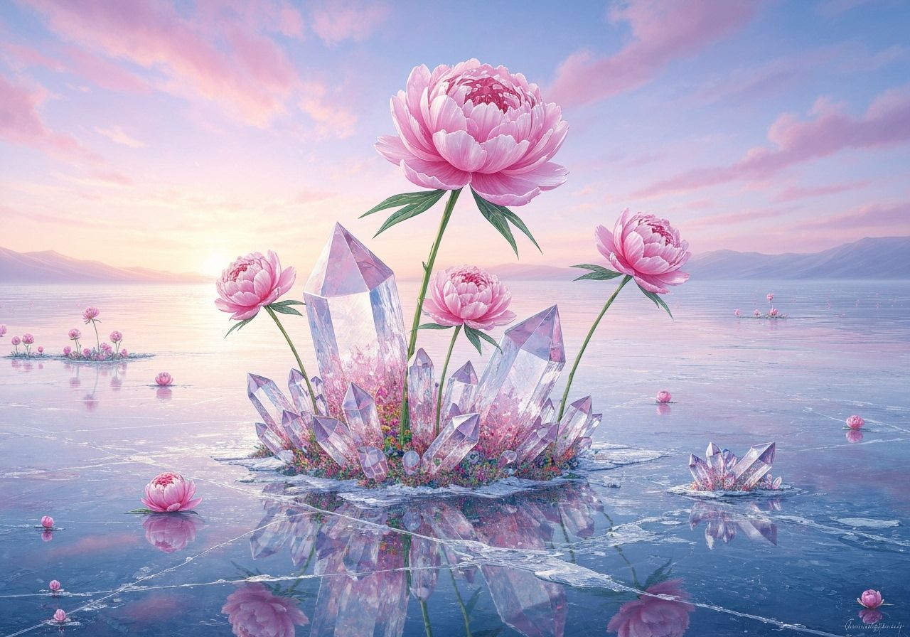 Crystal Peony Garden on Frozen Lake at Sunrise
