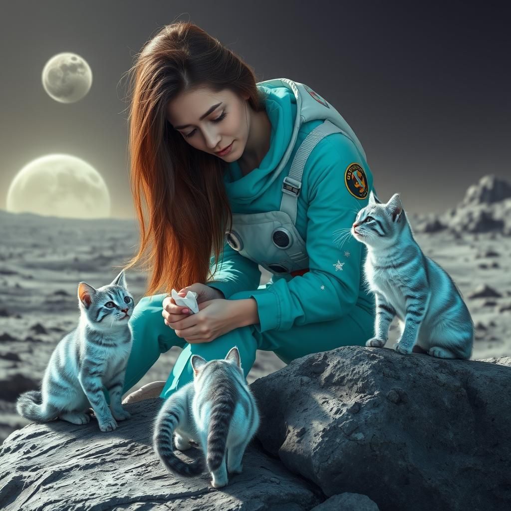 Crying Astronaut Comforted by Lunar Cats