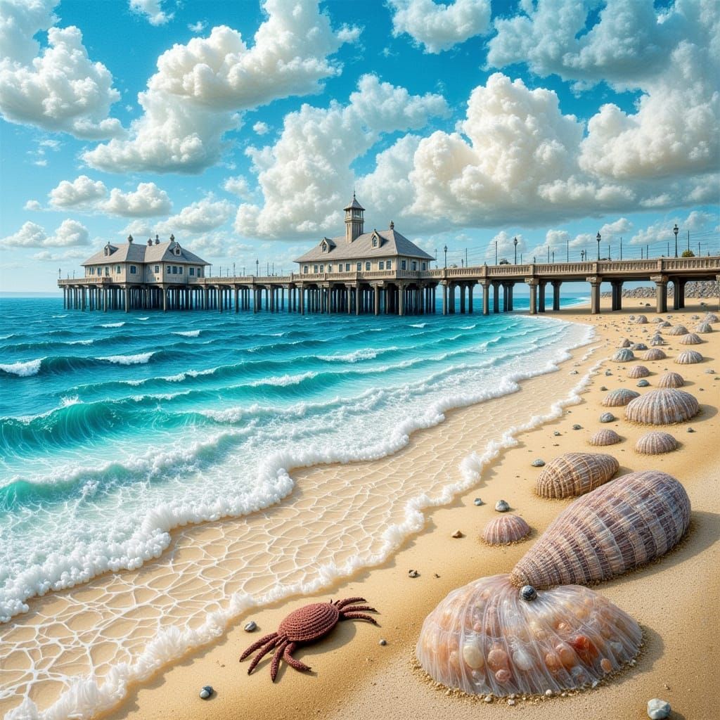 Surreal Fabric Beach Scene with Pier and Sparkling Sandy Bea...