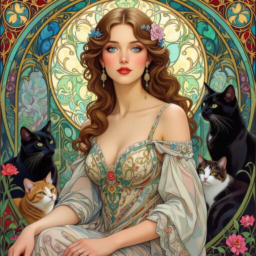 Queen of Cats: Art Nouveau and Romanticism Fusion