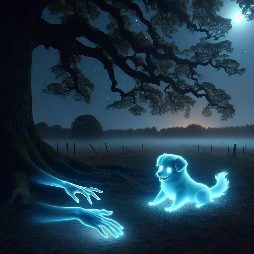 Eerie Moonlit Scene with Ghostly Puppies