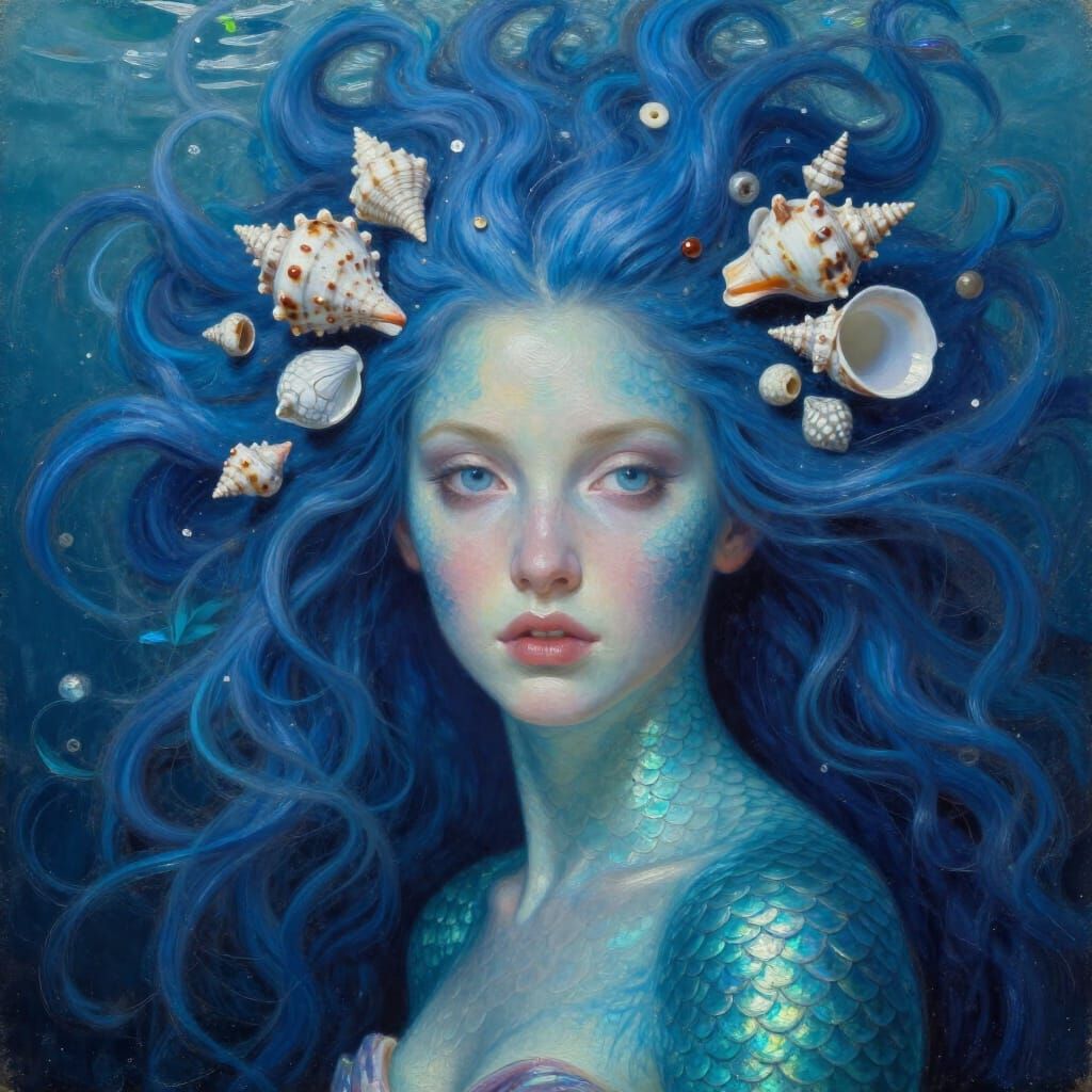Surreal Mermaid Portrait with Blue Hair and Shells