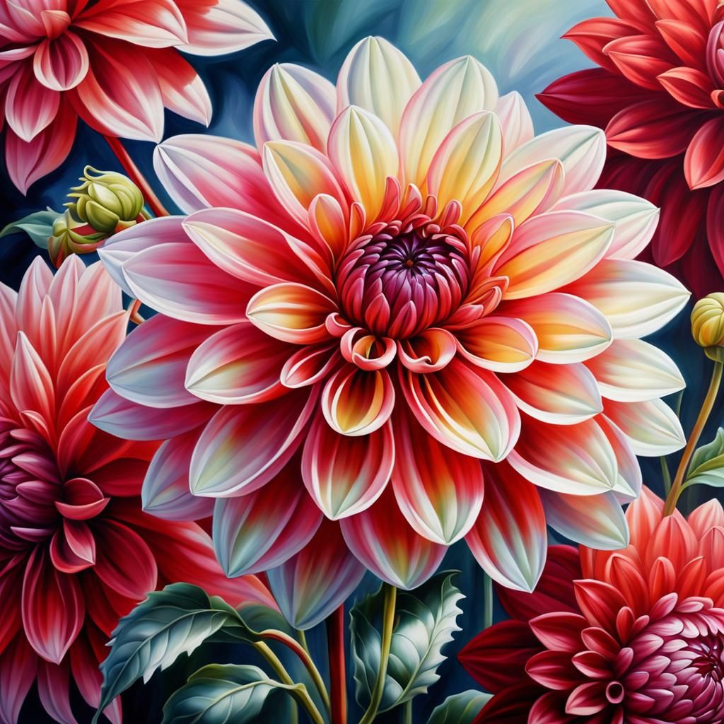 Red Dahlia Flowers Oil Painting, Detailed and Vivid