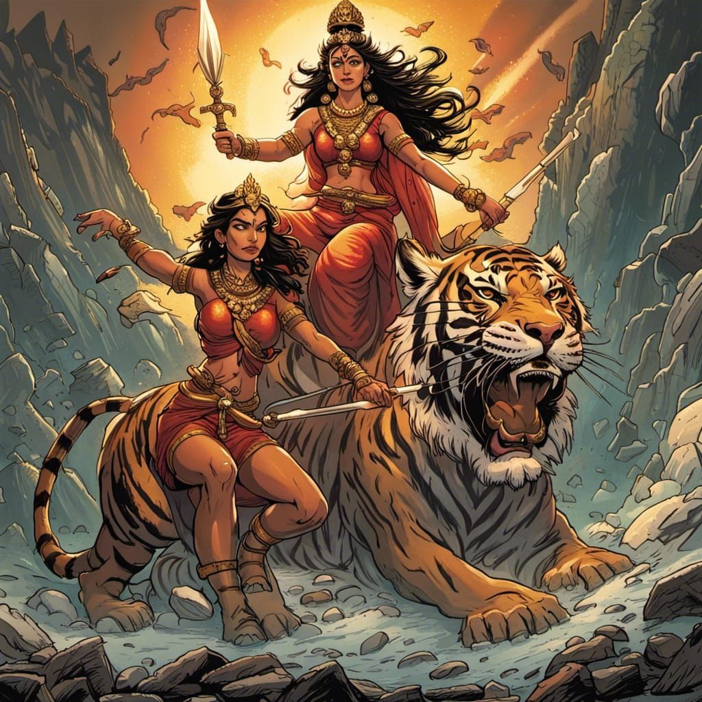 Durga on Tiger Slaying Mahishasura: Comic Book Art