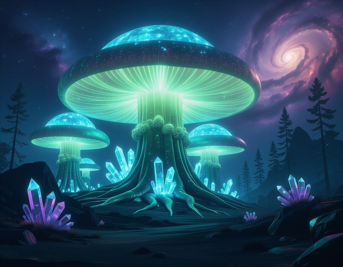 Alien Bioluminescent Mushroom Forest with Crystalline Growth