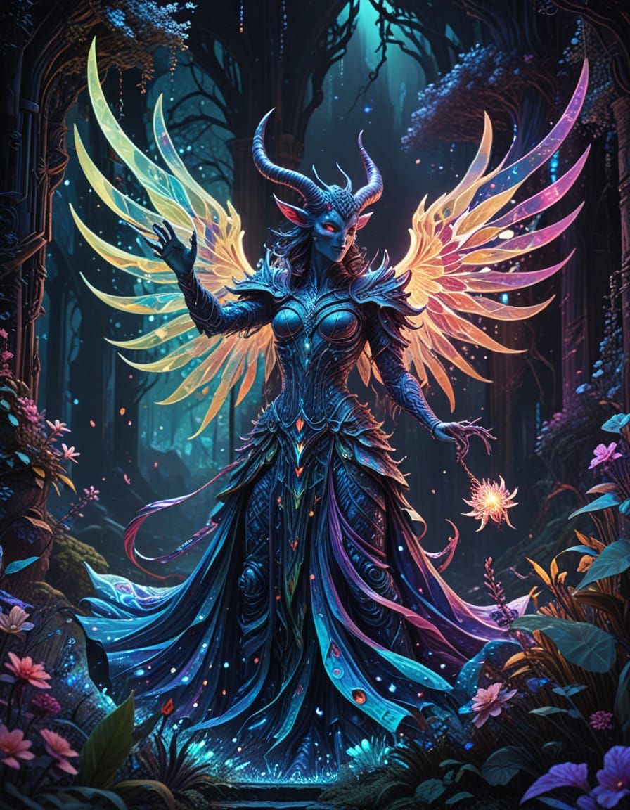 Surreal Demon Sisters in Vibrant, Dreamlike Landscape