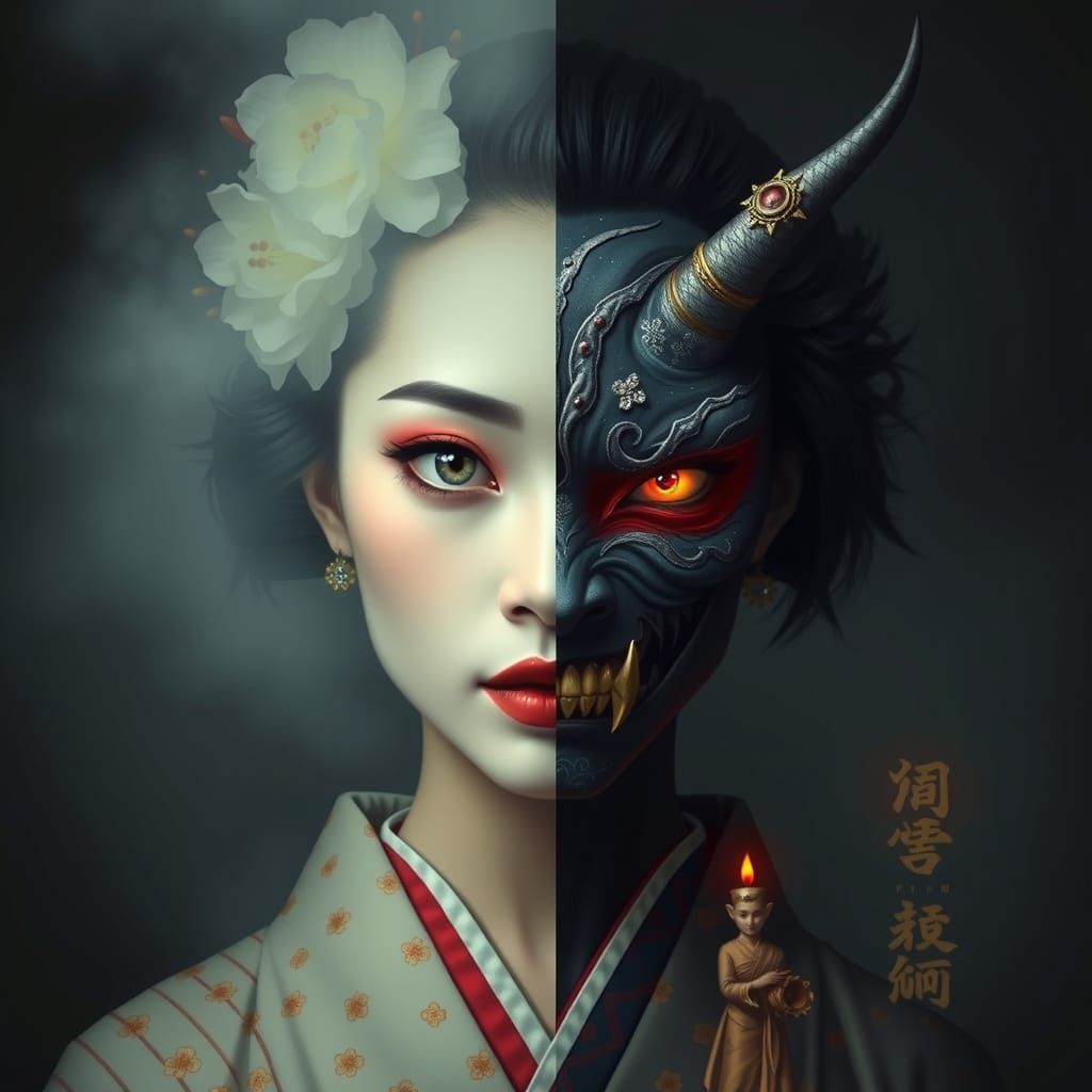 Geisha Demon Split Portrait in Dark Surrealism Style