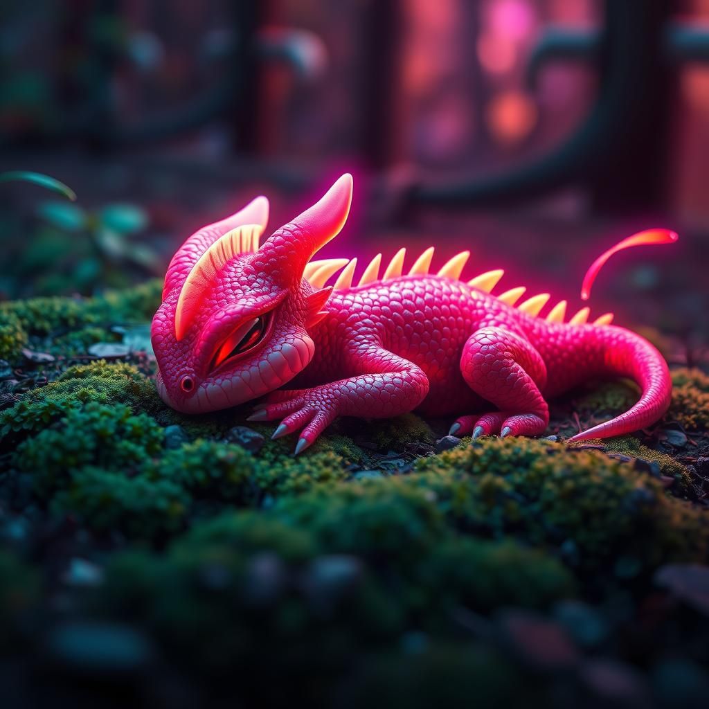 Neon Dragon Hatchling Asleep in Mossy Forest