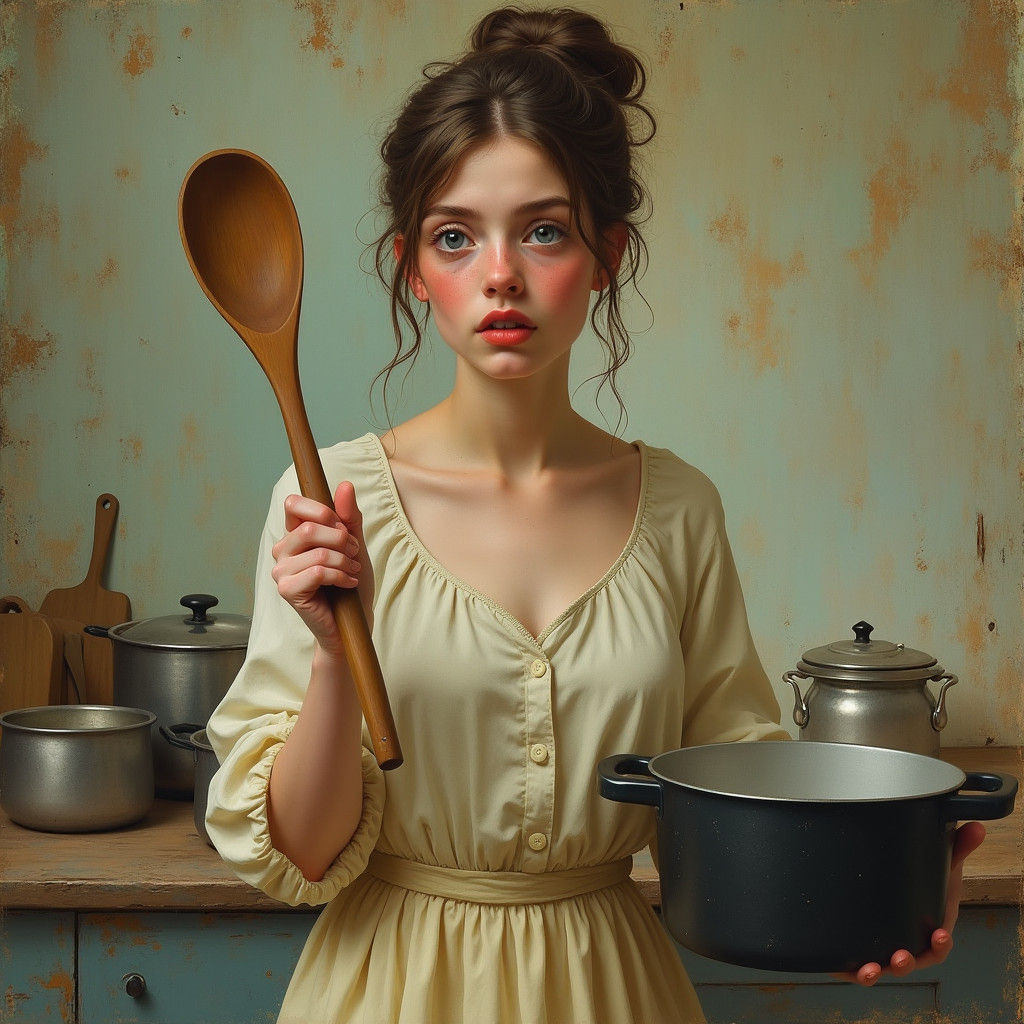 Weary Woman in Rustic Kitchen, Impressionistic Art