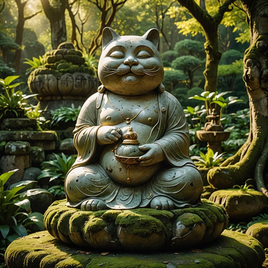 Whimsical Buddha Kitty in Surreal Garden Setting