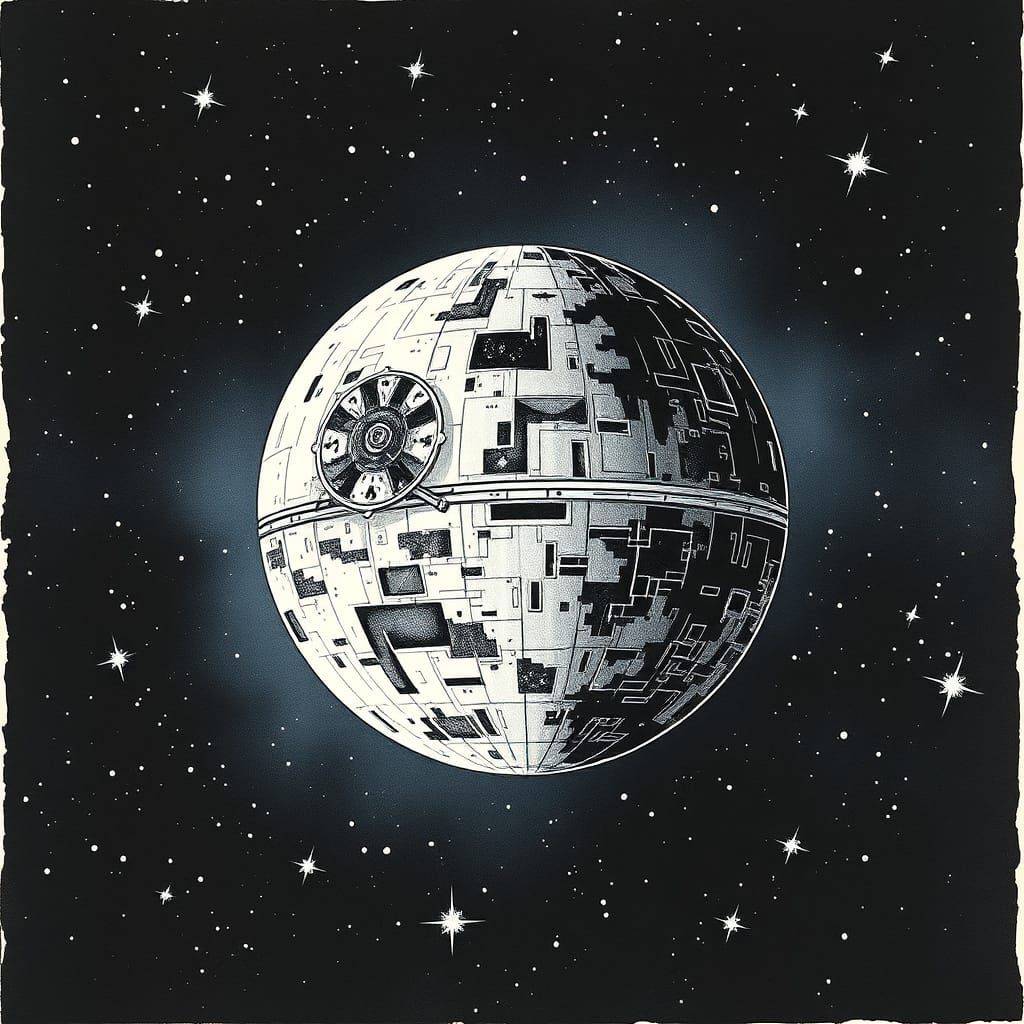 Death Star in Starry Sky: Modern Art Drawing