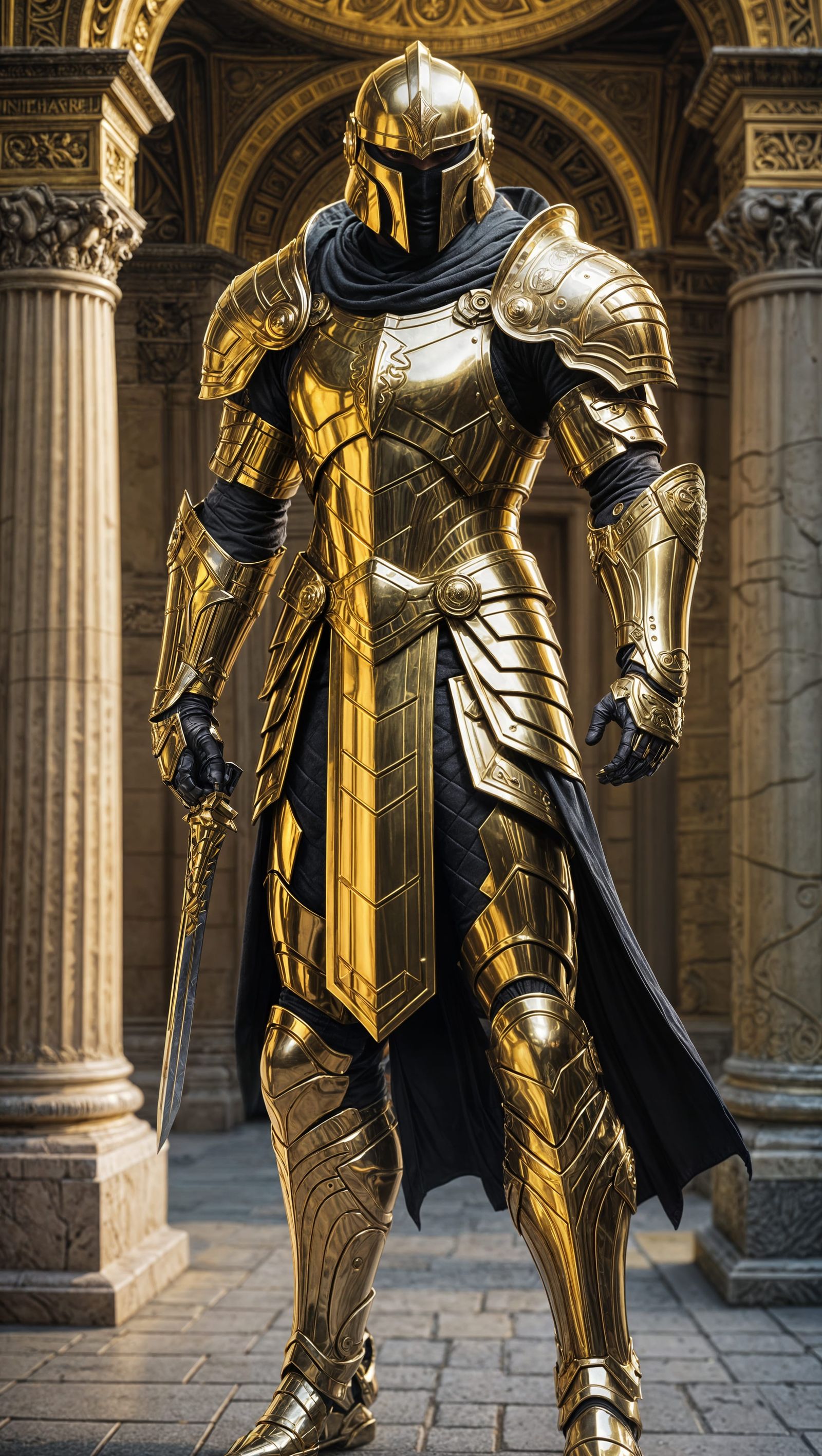 Golden Armored Warrior with Pantheon Backdrop
