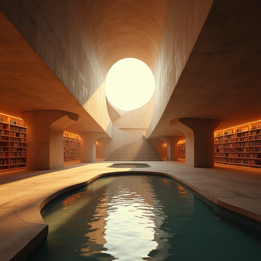 Surreal Library With Pool, Architectural Photography Style