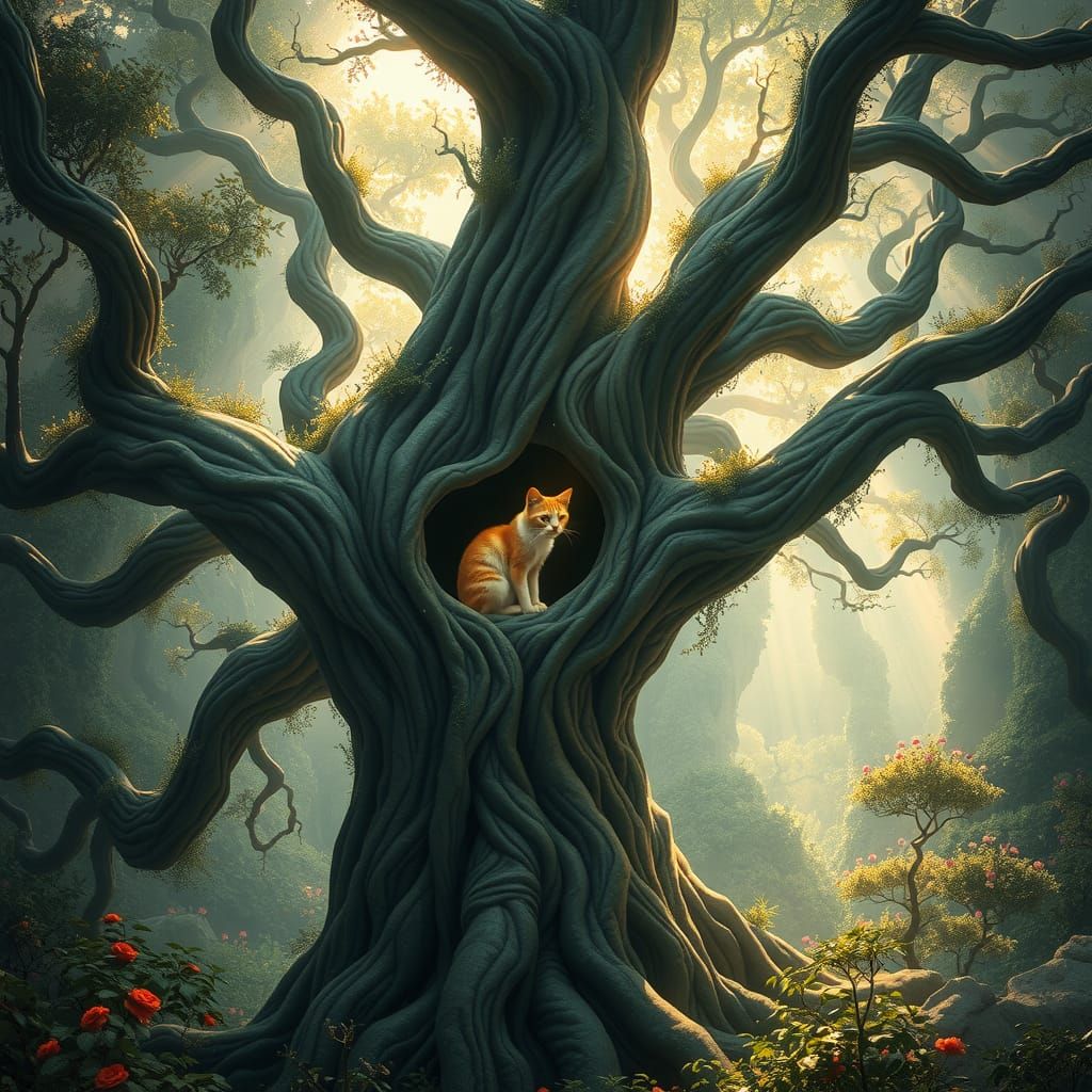 Mystical Cat in Ancient Forest: Surreal Digital Art