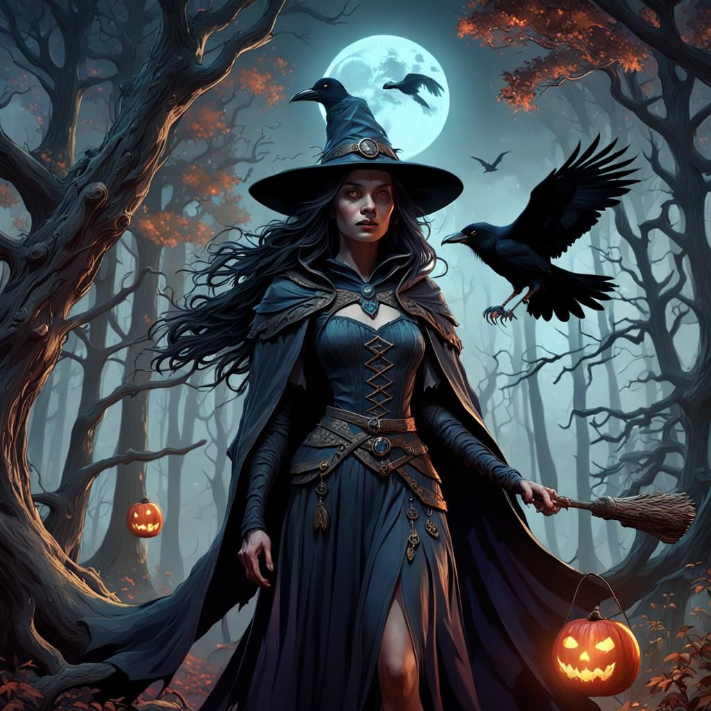 Enchanting Witch in Dark Fantasy Landscape