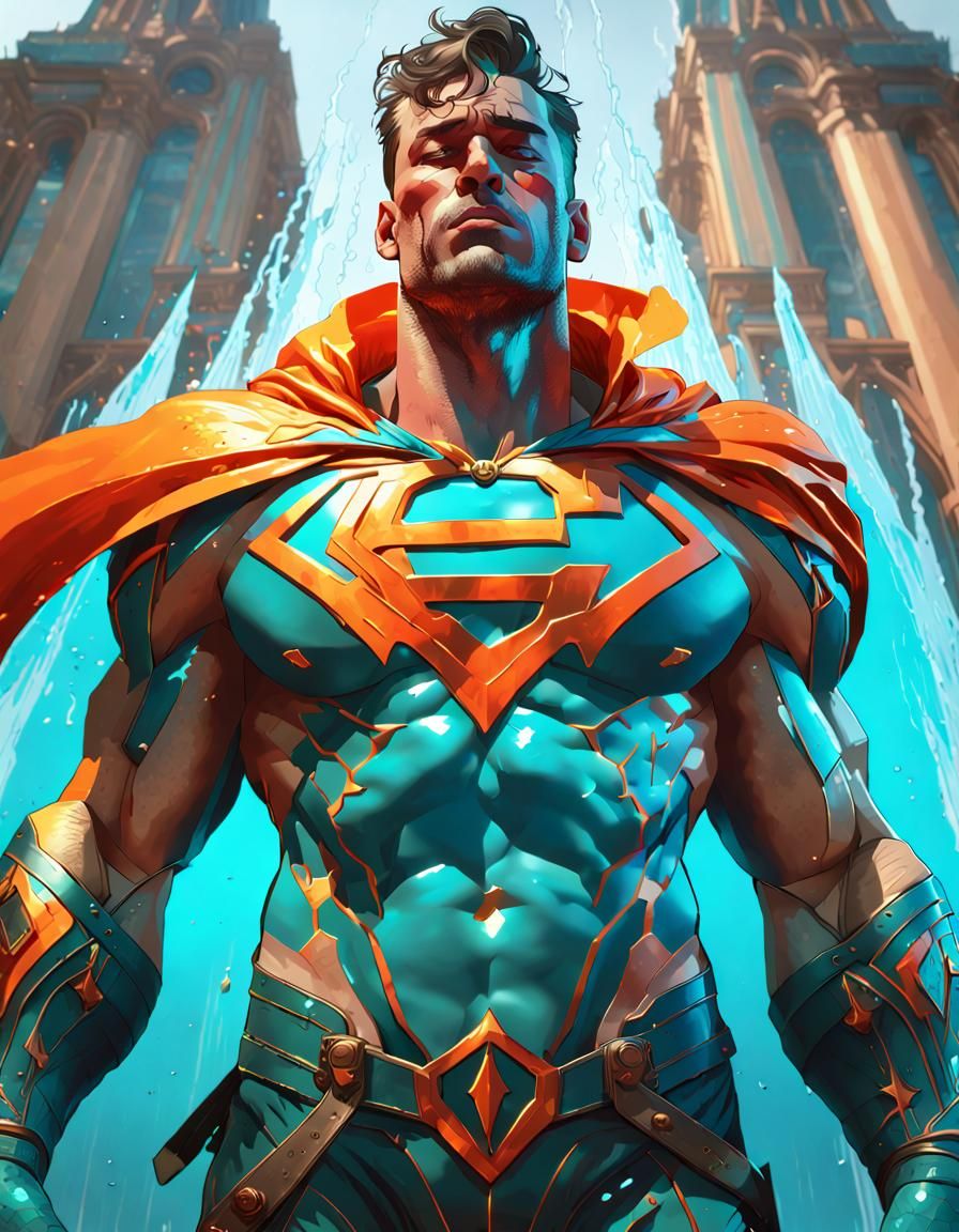 Crying Superhero Concept Art in Orange and Teal