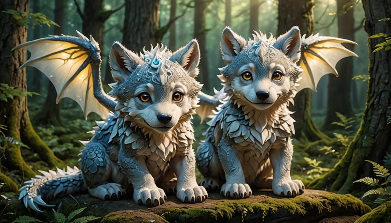 "« Adorable bébé loup avec seulement 4 pattes Equipé de 2 ailes de chaque côté de son dos. , de petites lucioles lumines...