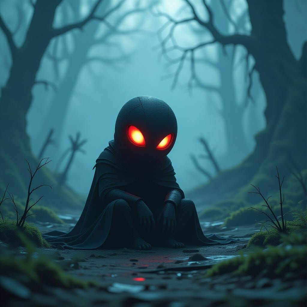 Heart Creature in Glitched Digital Forest