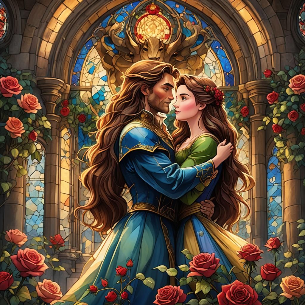 Belle and Beast Embrace in Stained Glass Style