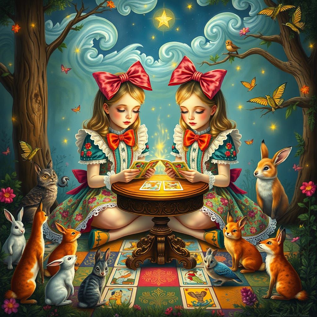 Wonderland Twins Weave Magic with Tarot Cards in Whimsical F...
