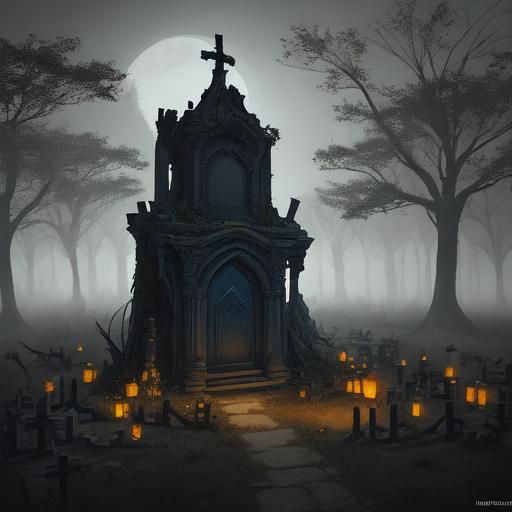 Deserted Graveyard at Night: Dark Fantasy Matte Painting