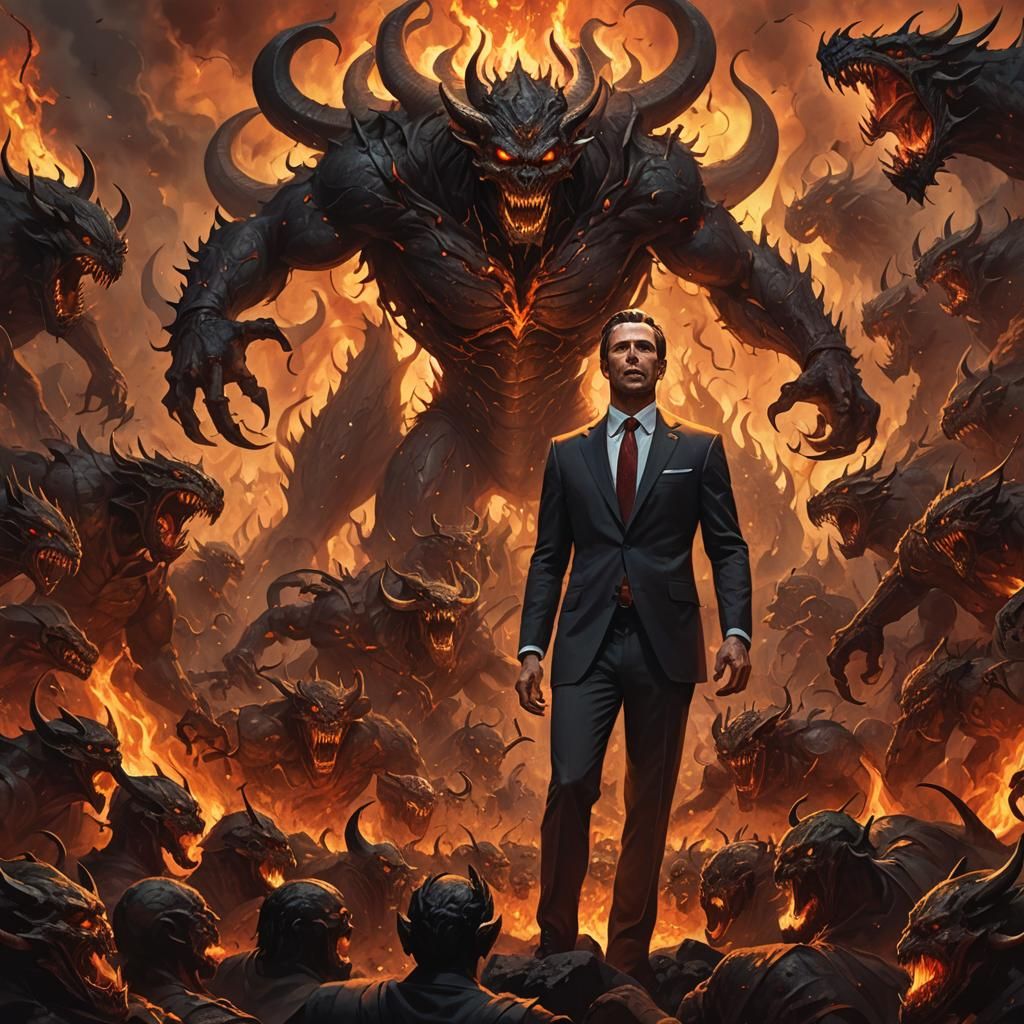 Man in Suit Triumphant as Hell's Demons Bow