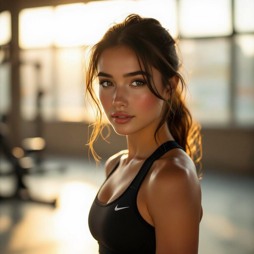 Shy Woman Exercises in Golden Hour Gym Light