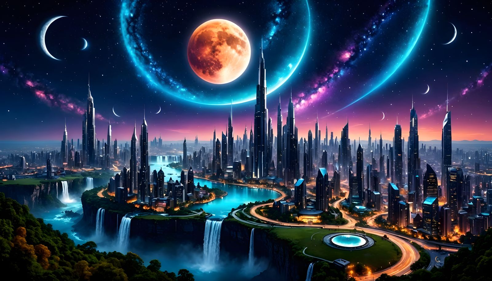 A futuristic city is on a crescent moon I