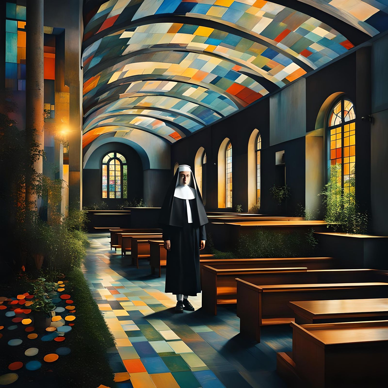 Nun Convent in Deep Color Bauhaus Collage Style