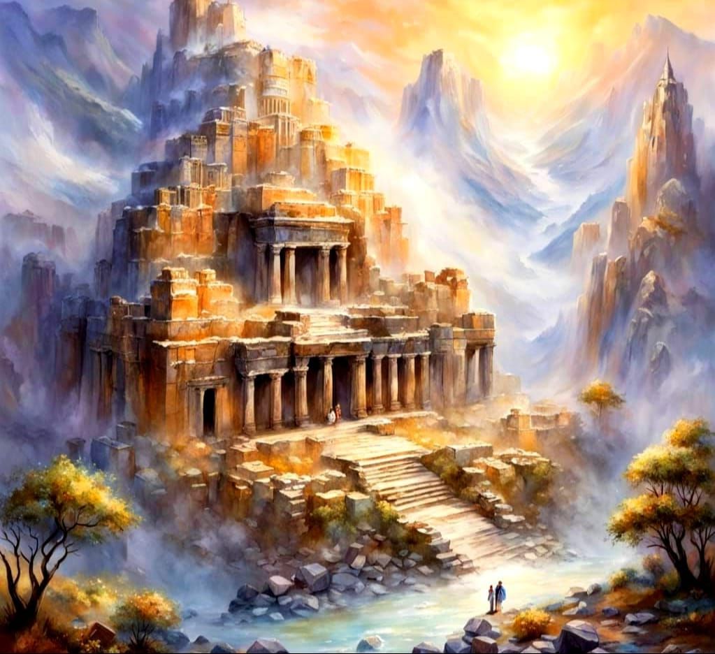 Ancient Assyrian Temple Ruins in Watercolor