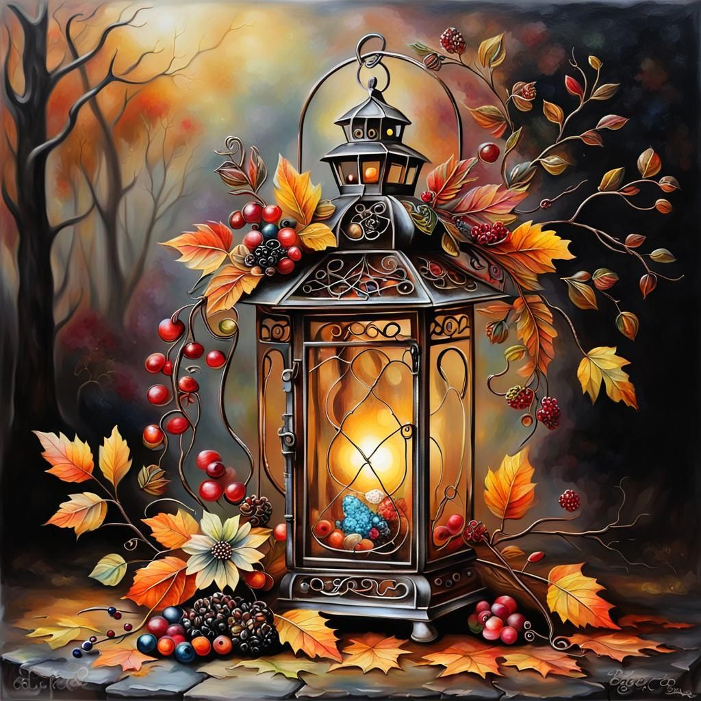 Jeweled Autumn Lantern in Airbrushed Oil Painting