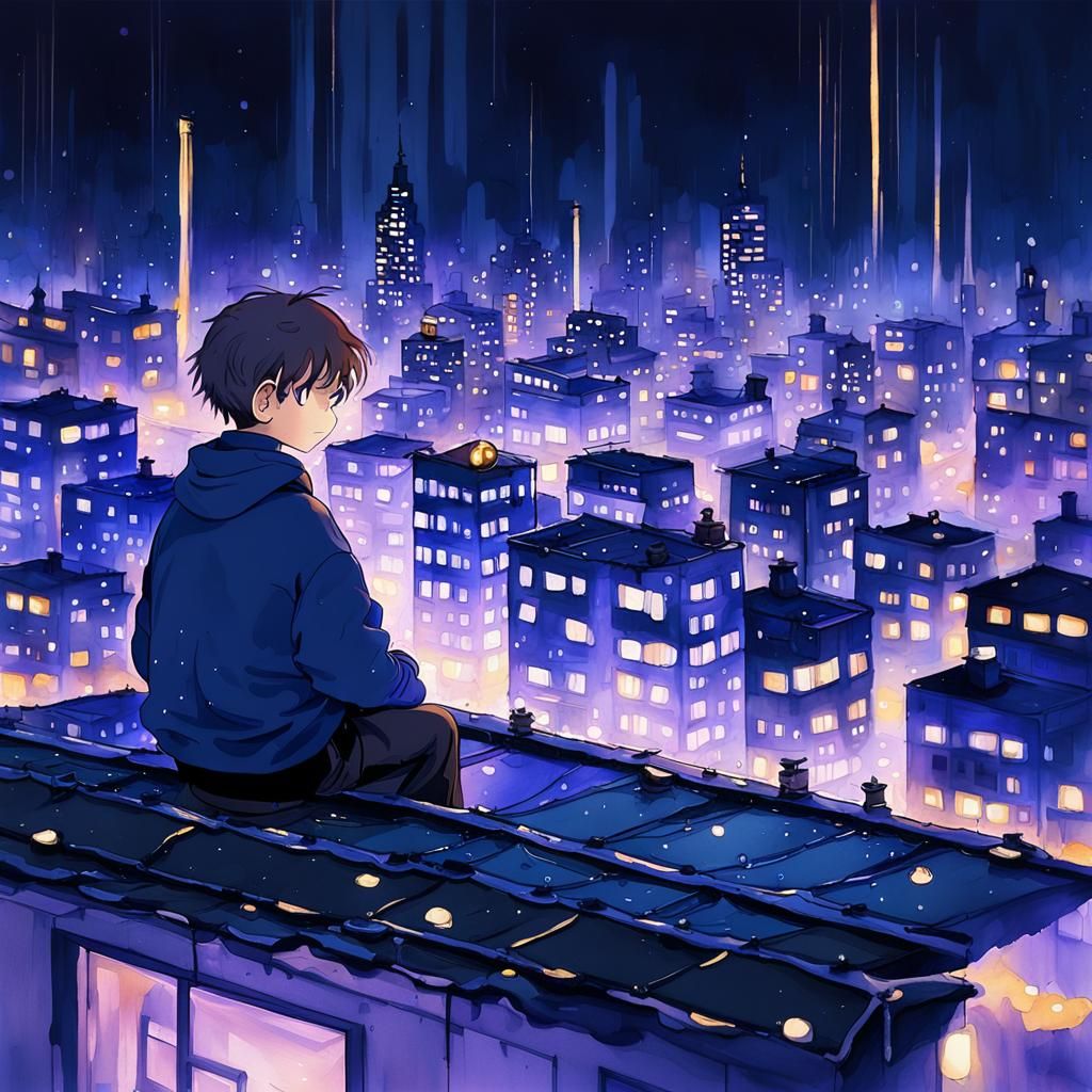 Lofi Anime Boy Gazing at City Lights in Watercolor