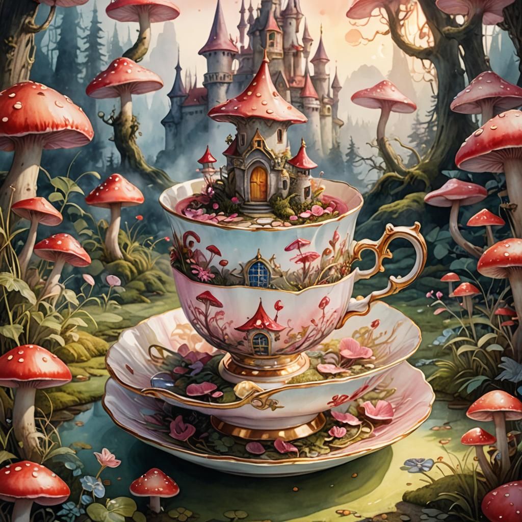 Magical Teacup Castle Surrounded by Mushrooms