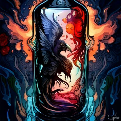Raven and Skull in a Bottle: Impasto Concept Art