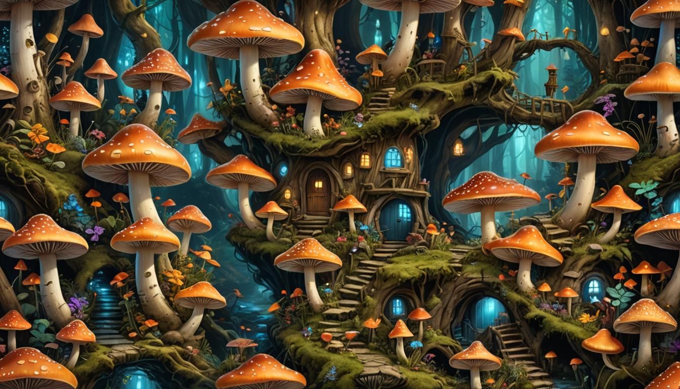 Enchanted Fairy Mushroom House in Bioluminescent Forest
