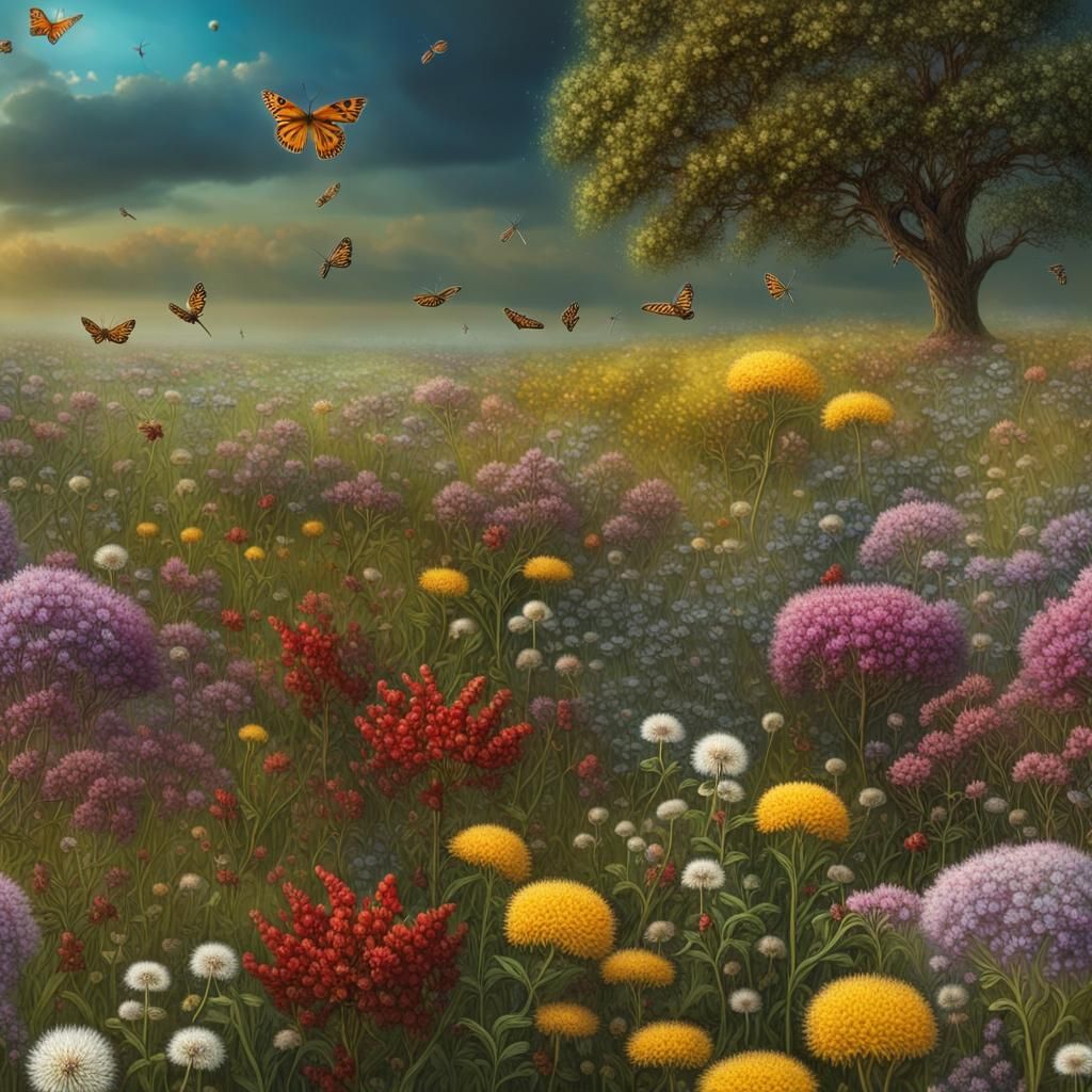 Lush Wildflower Meadow with Rowan Tree