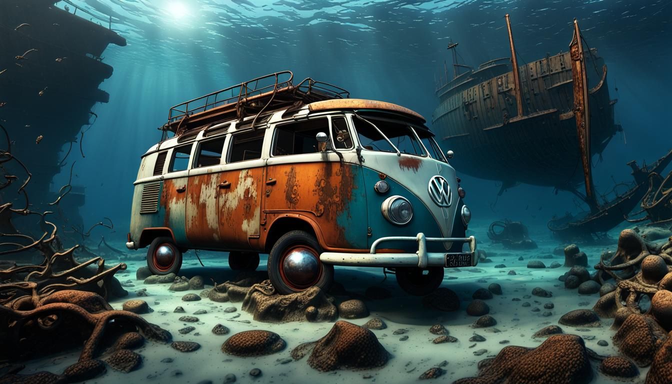 Rusted VW Kombi Peace Van Underwater, Dark Fantasy Art