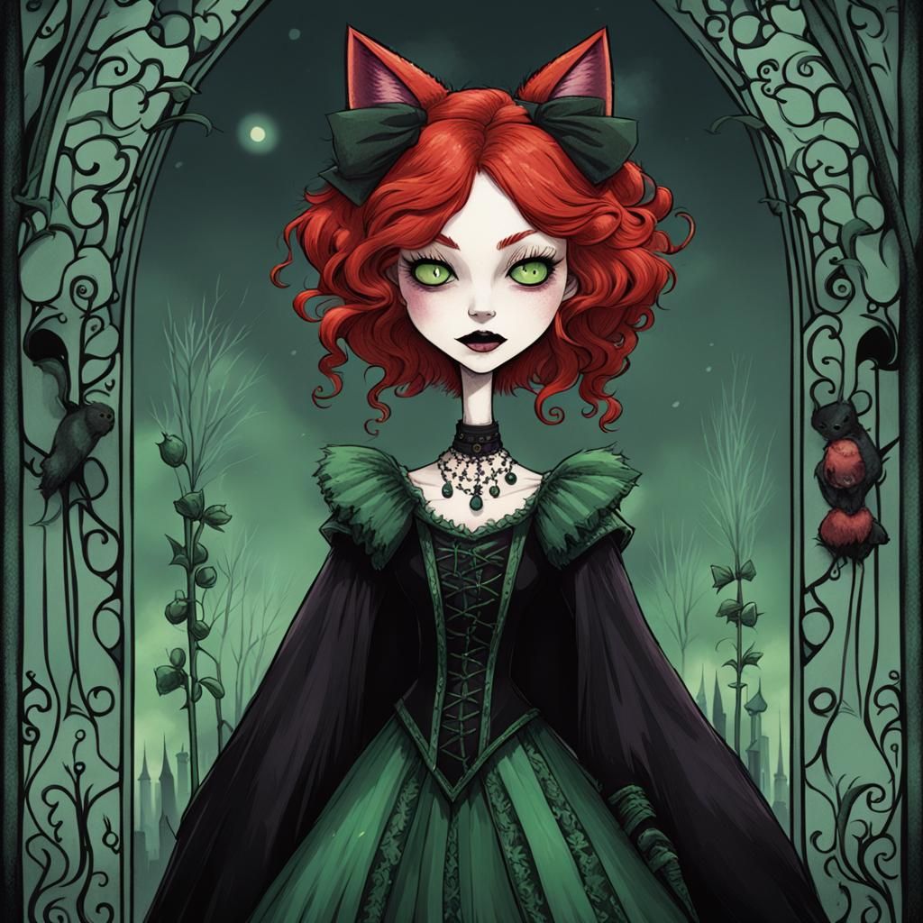 Red Haired Cat-Girl in Tim Burton Cartoon Style