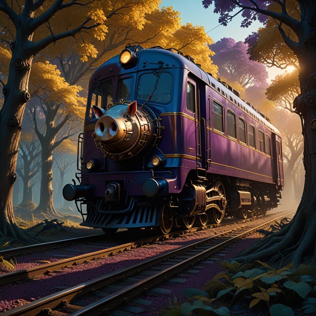 Mystical Train Speeds Through the Forest in a Cyberpunk Aest...