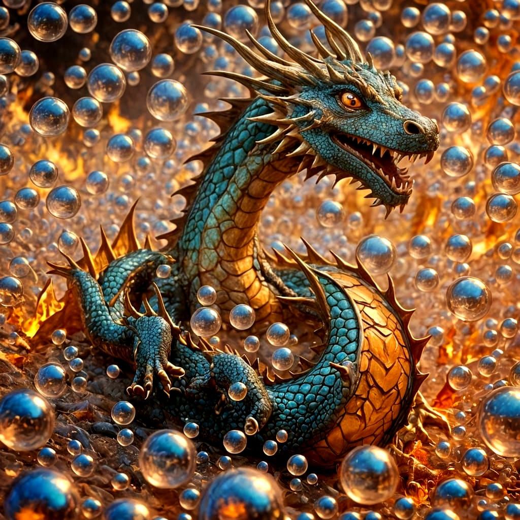 a dragon and surroundings made of small bubbles of fire