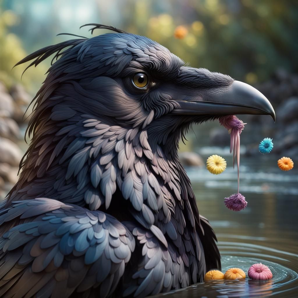 Grace of a Raven in Magical River Spring Scape
