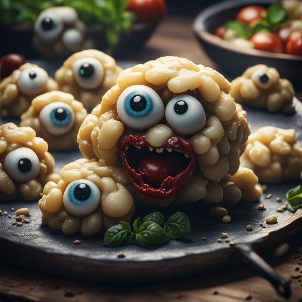 Scary looking Gnocchi with evil eyes and and sharp mouth.