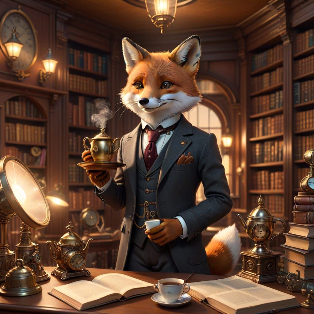 Steampunk Fox Sipping Tea in Library Sketch