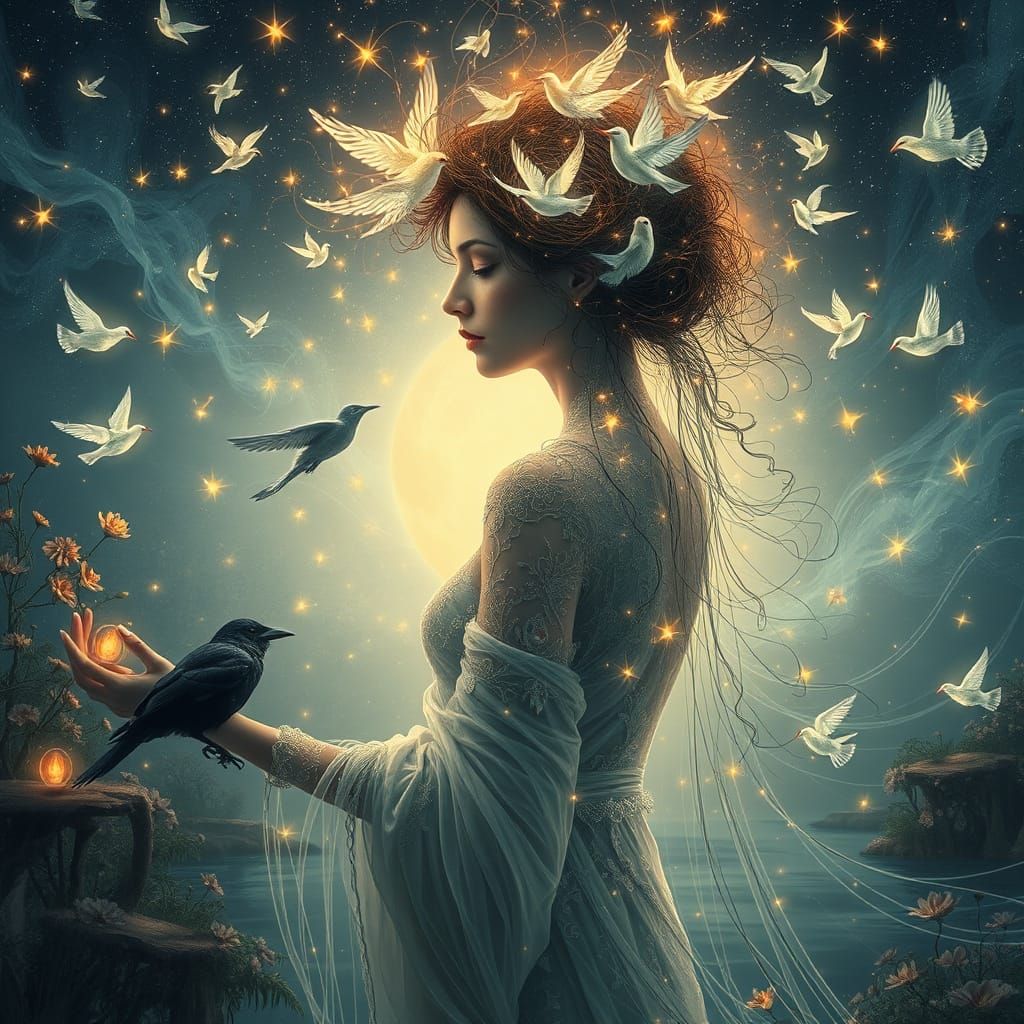 Ethereal Woman Transforms into Birds Amidst Cosmic Energy