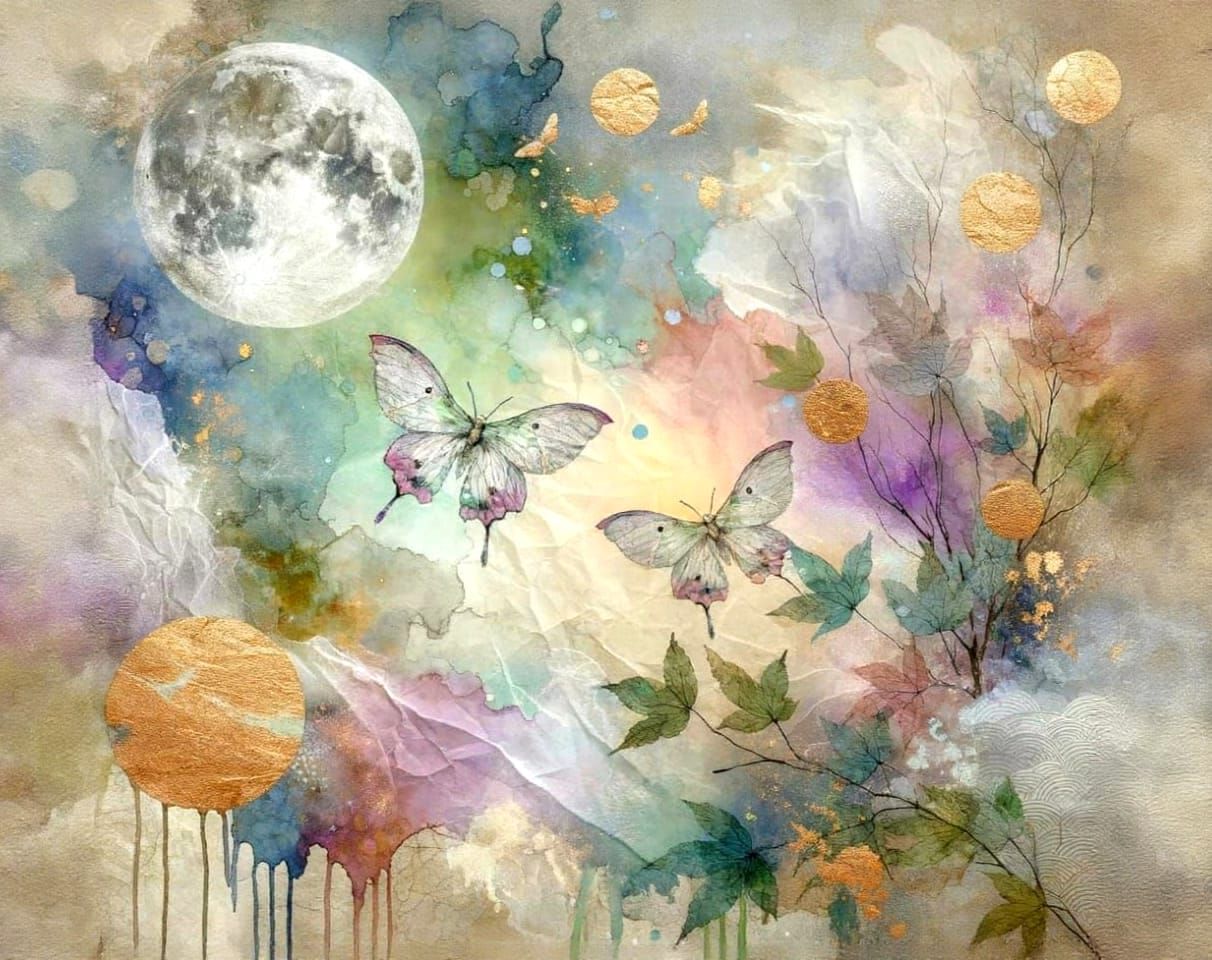 Post-Impressionist Collage: Pearly Moon, Luna Moths, and Jap...