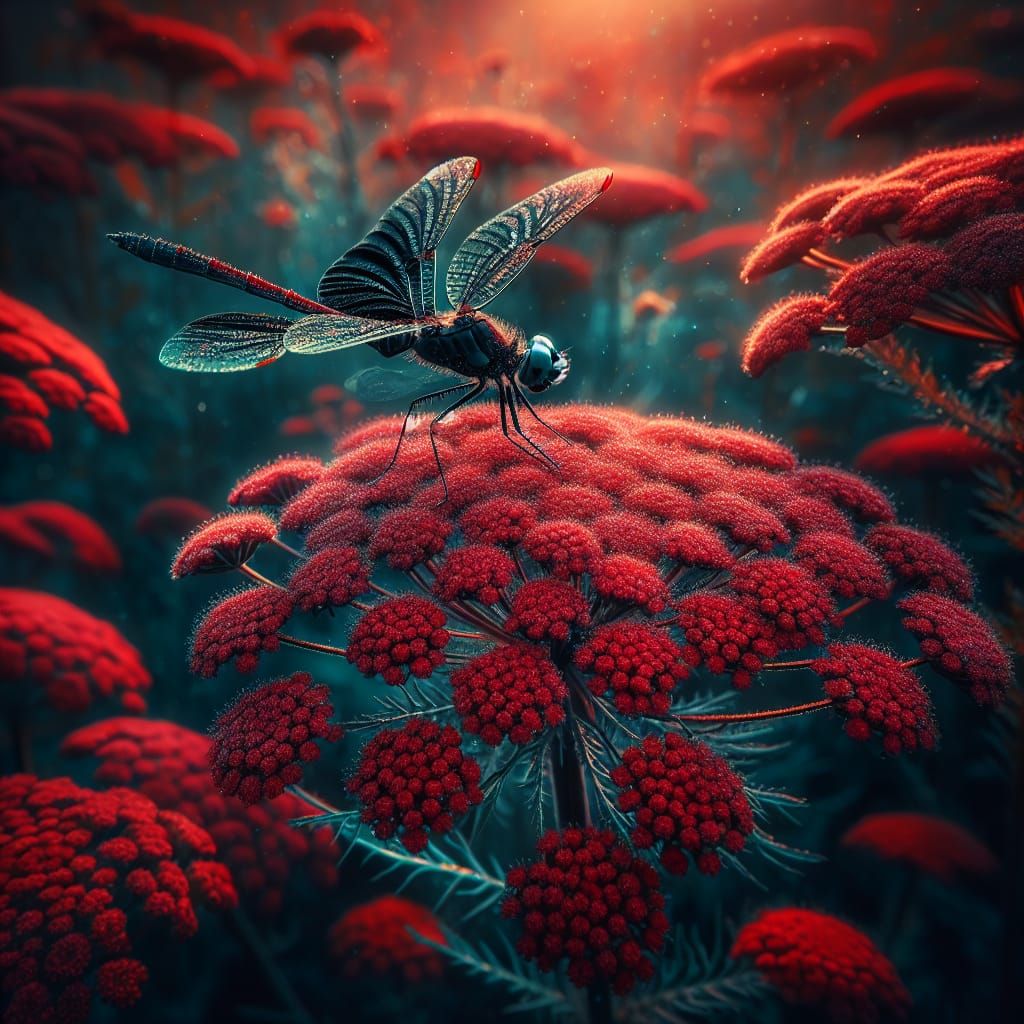 Black Darter Dragonfly Over Red Yarrow Flower in HDR