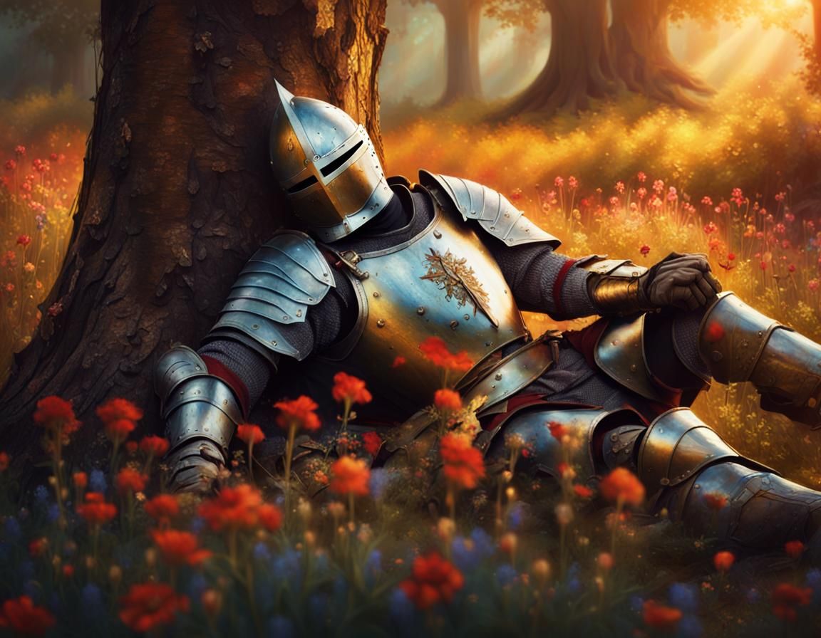 Wounded Knight Resting in Forest, Fantasy Realism