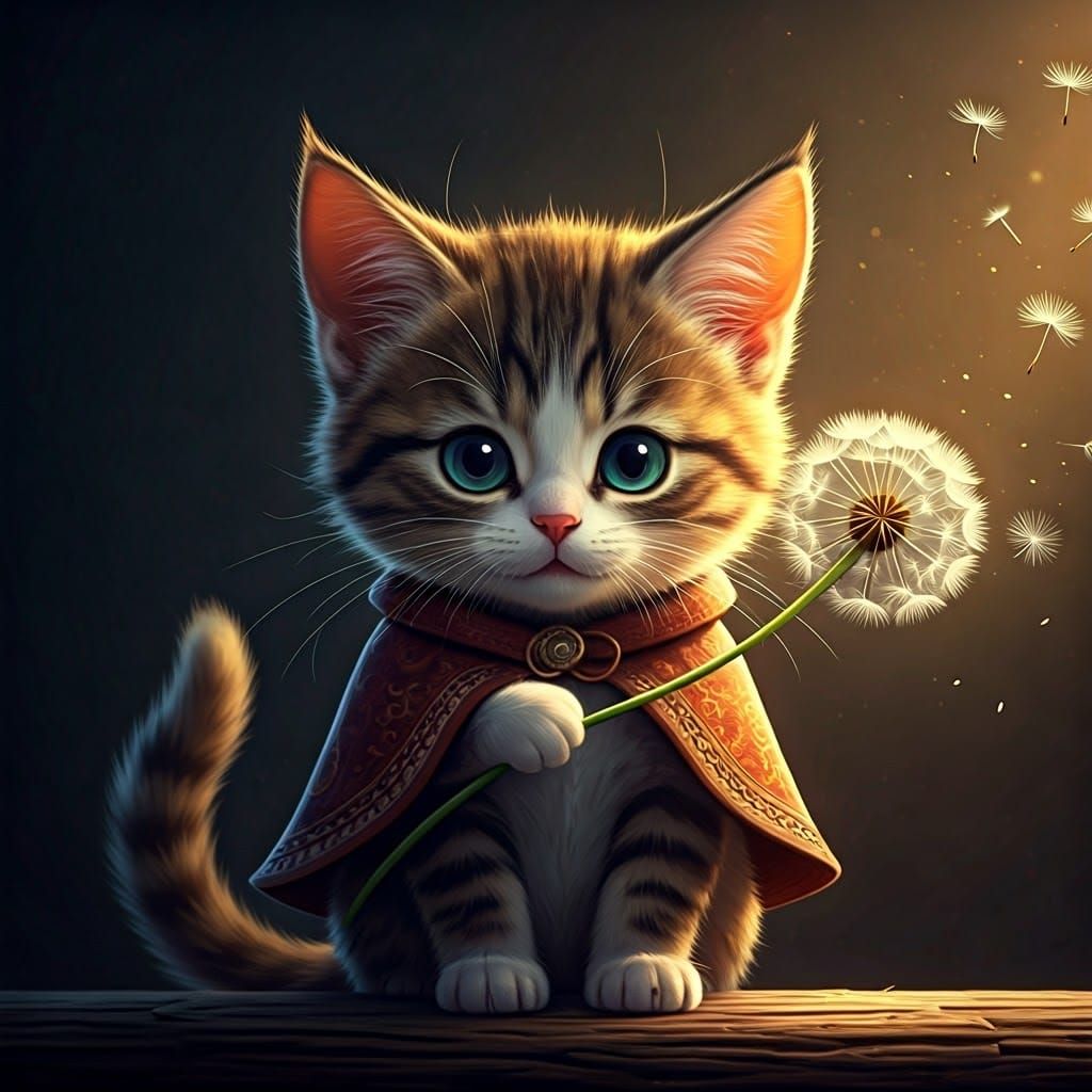 Kitten Blowing Dandelion Seeds in Anime Style