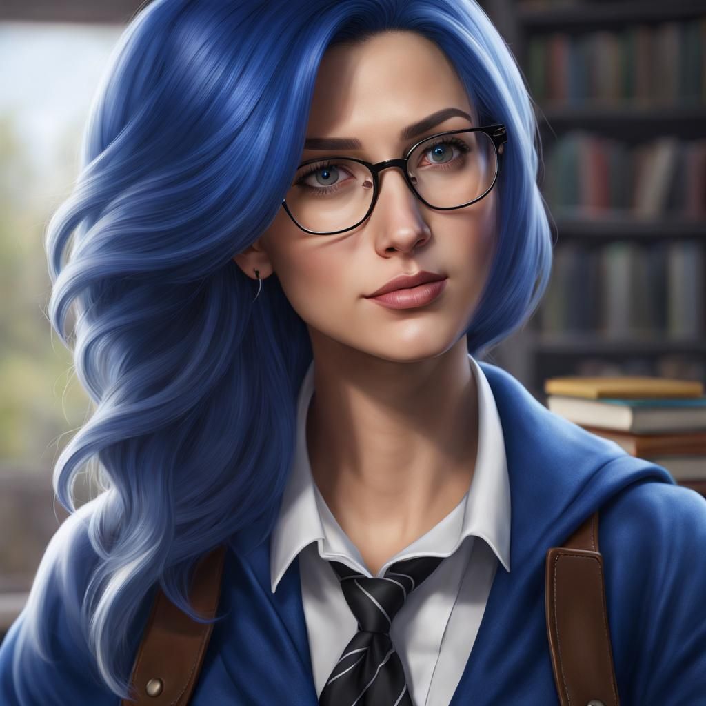 Photorealistic Portrait: Blue-Haired English Teacher