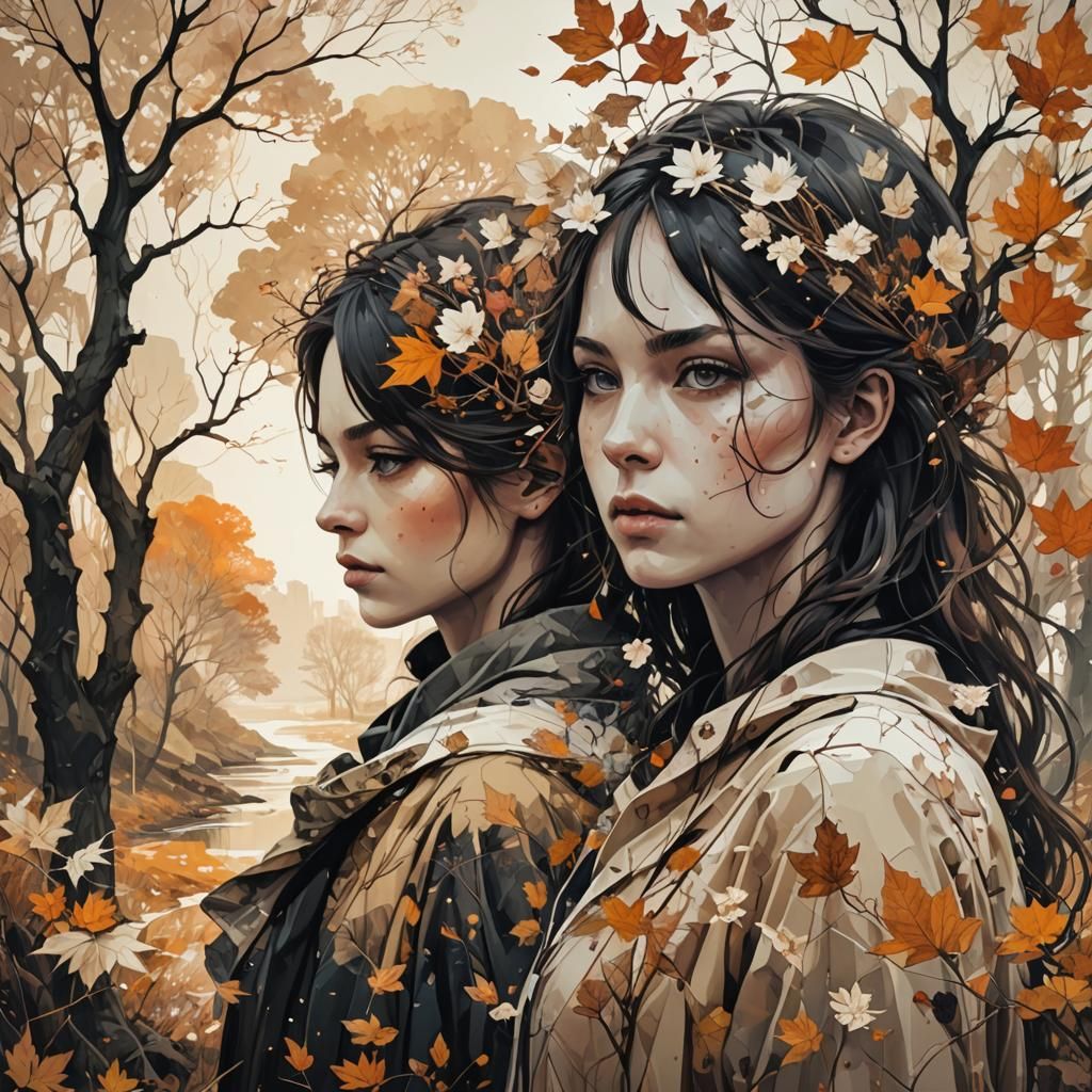 Surreal Autumn and Spring Double Exposure